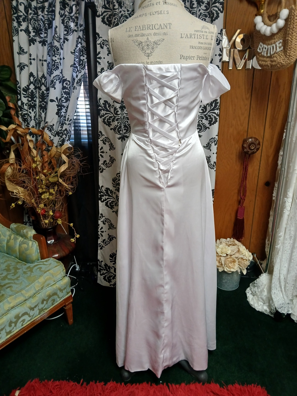 Classic White Off-Shoulder Satin A-Line Wedding Dress - Picture 3 of 4